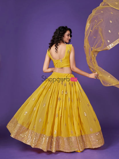 Yellow Sequins Embroidered Georgette Haldi Wear Lehenga Choli Lehenga Choli