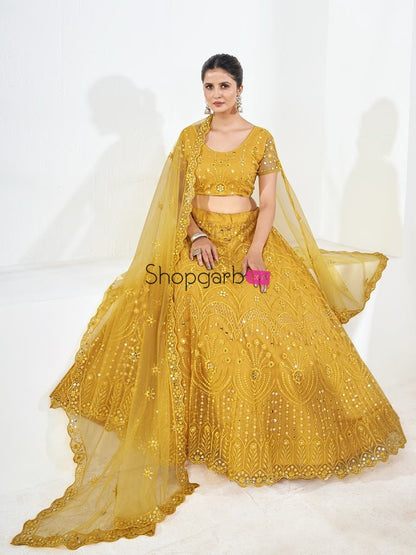 Yellow Sequins Embroidered Soft Net Festival Special Lehenga Choli