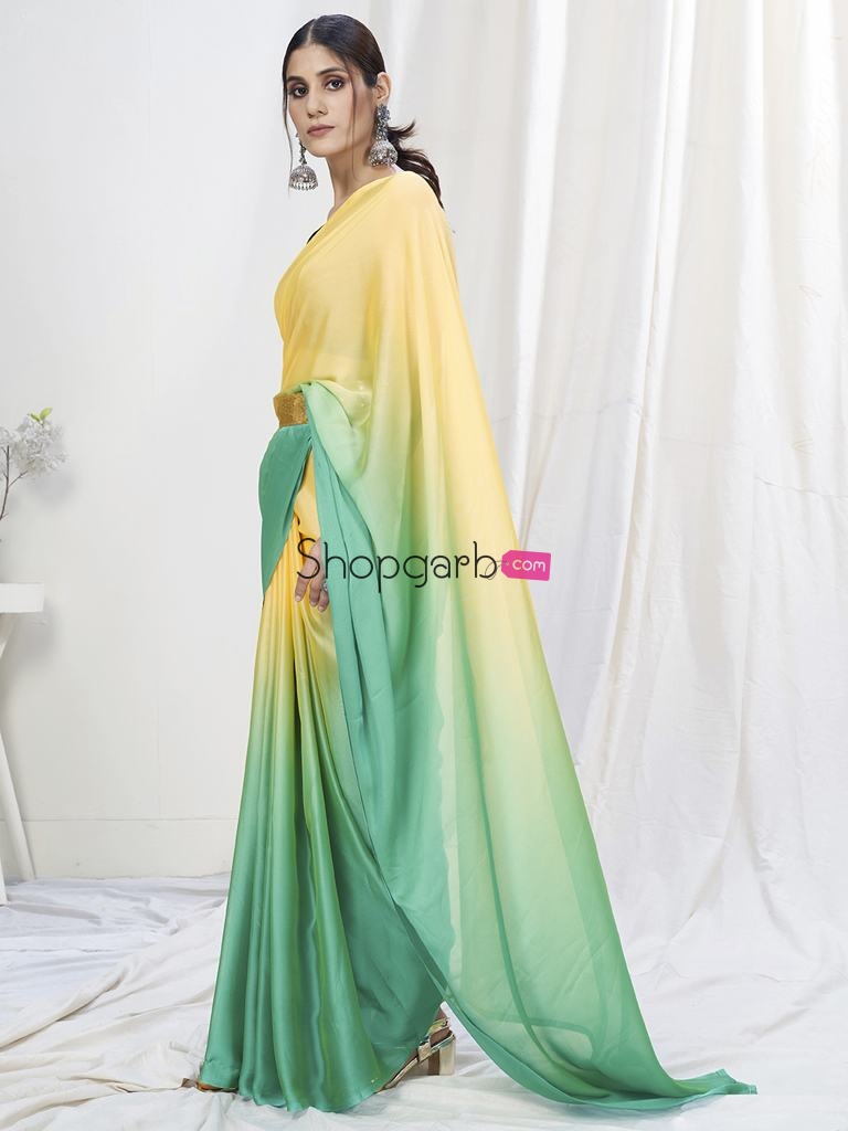 Yellow-Teal Ready To Wear One Minute Lycra Saree